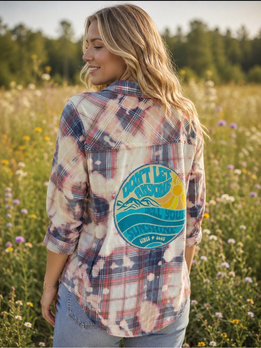 Bleached Plaid Button-Up Shirt with Surf Patch - Blue, Pink, Cream